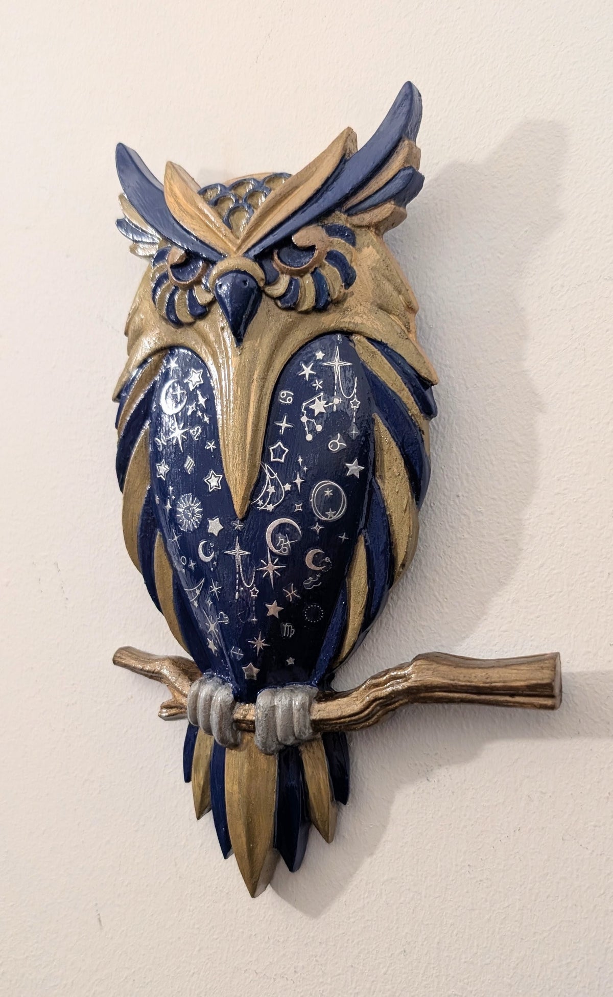 Handcast and hand painted Wise Old Owl In Blue, Gold, and Silver Celestial Inspired Wall hanging Plaque Home Decor