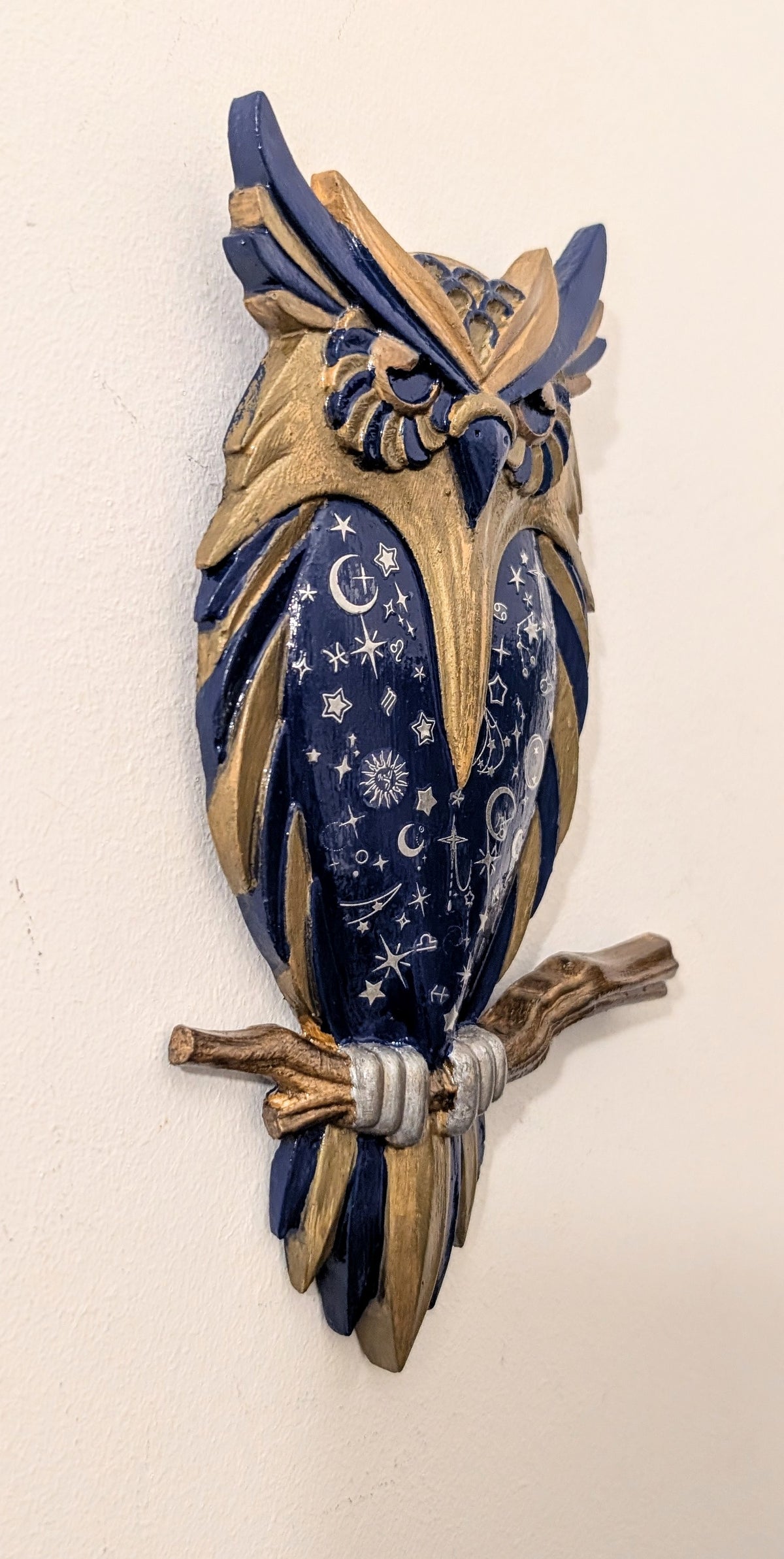 Handcast and hand painted Wise Old Owl In Blue, Gold, and Silver Celestial Inspired Wall hanging Plaque Home Decor