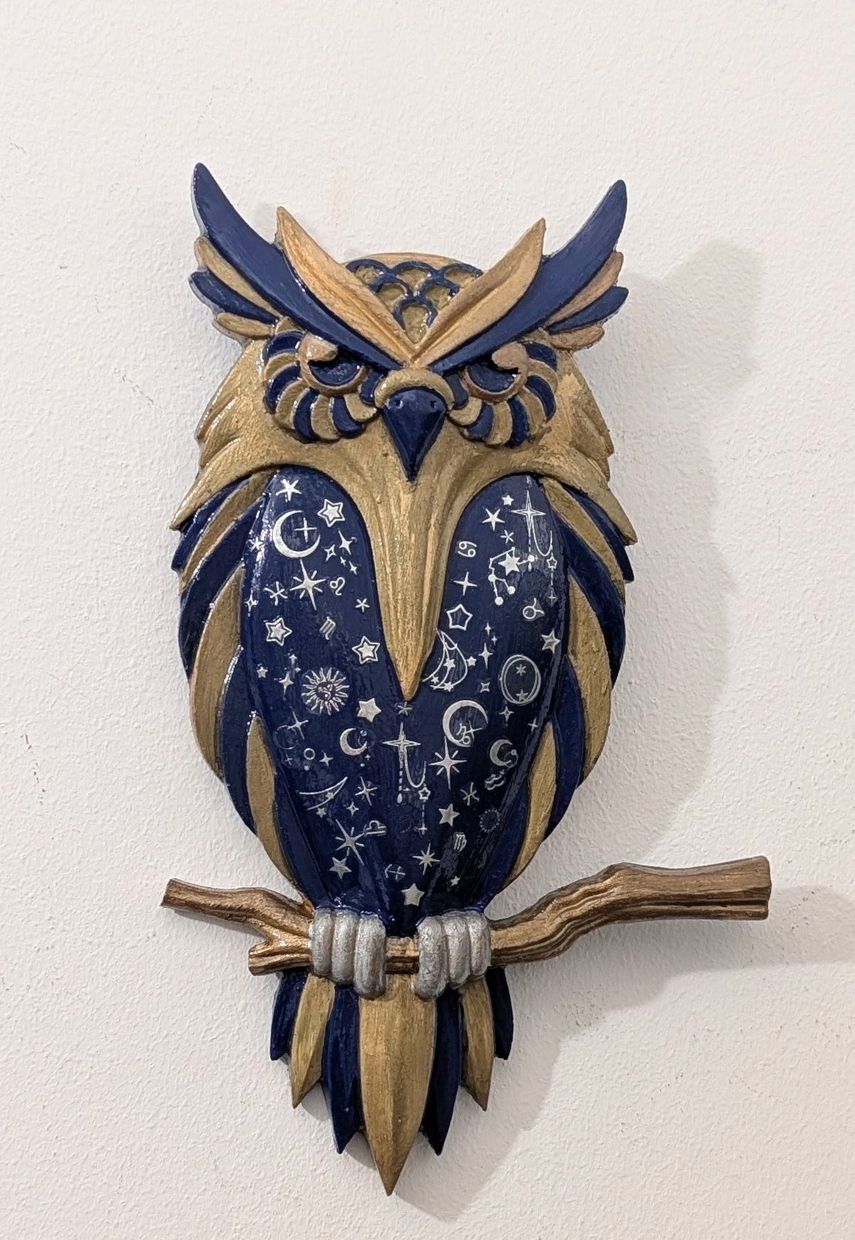 Handcast and hand painted Wise Old Owl In Blue, Gold, and Silver Celestial Inspired Wall hanging Plaque Home Decor