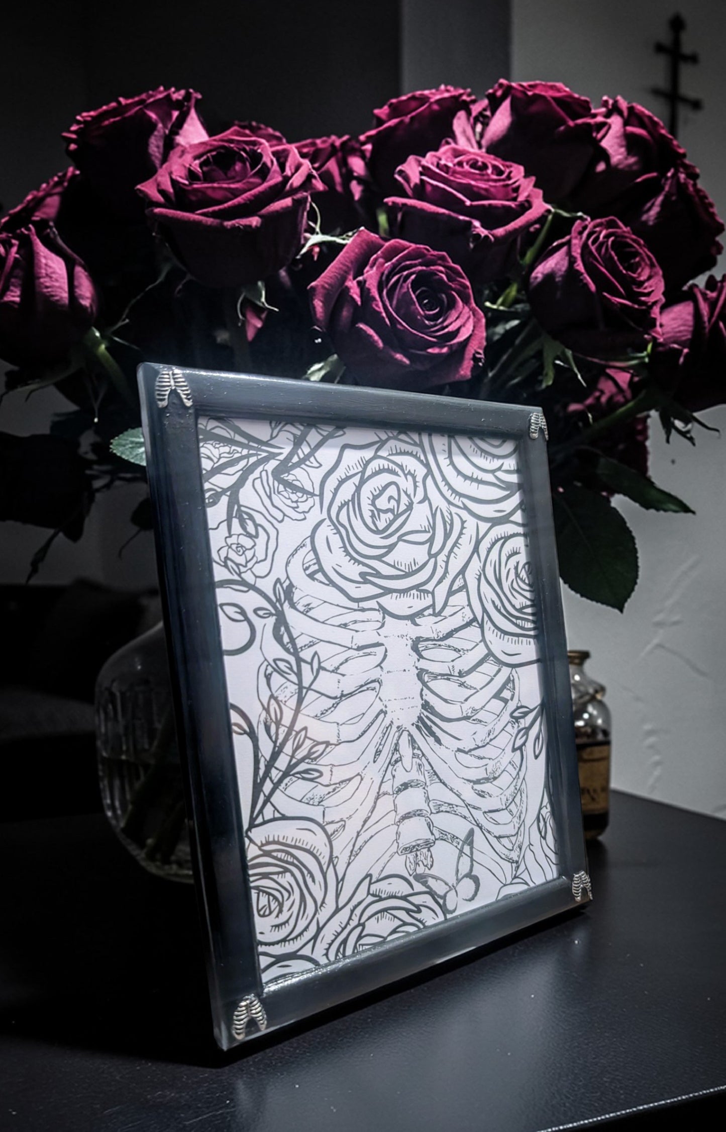 8 x 6" Black Picture Frame Free Standing with Ribcage Detailing - Gothic Home Decor Gift