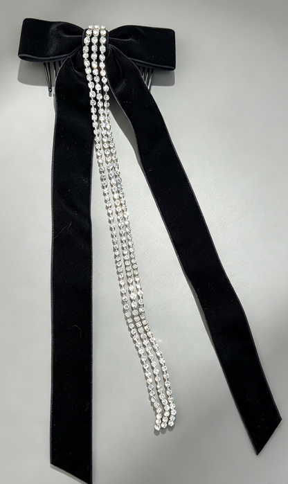 Black velvet and Diamante Hair Bow Comb with Long Streamers - Gothic Hair Accessory