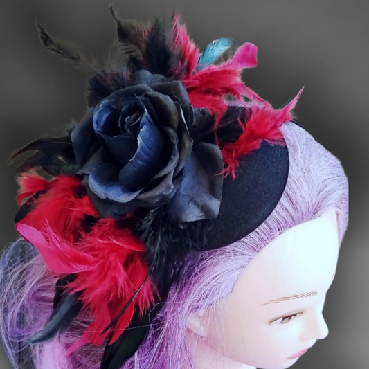 Black Rose, Wine red and Black Feathers Mini Hat Gothic Hair Acccessorie Alternative Bride headwear