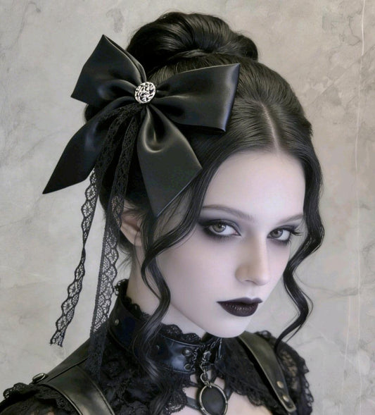 Big Faux Leather & Lace Hair Bow, Clip On, Gothic Punk Party - Oh My Gothness