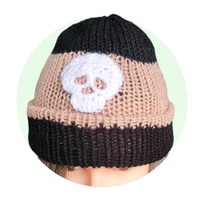 Black Beige Stripe Knitted Hat With White Crochet Skull Punk Emo Goth Winter Gift HT20 - Oh My Gothness