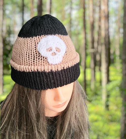 Black Beige Stripe Knitted Hat With White Crochet Skull Punk Emo Goth Winter Gift HT20 - Oh My Gothness