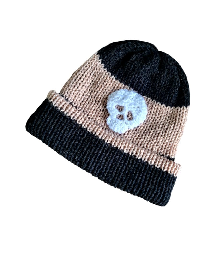 Black Beige Stripe Knitted Hat With White Crochet Skull Punk Emo Goth Winter Gift HT20 - Oh My Gothness