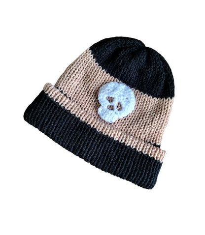Black Beige Stripe Knitted Hat With White Crochet Skull Punk Emo Goth Winter Gift HT20 - Oh My Gothness