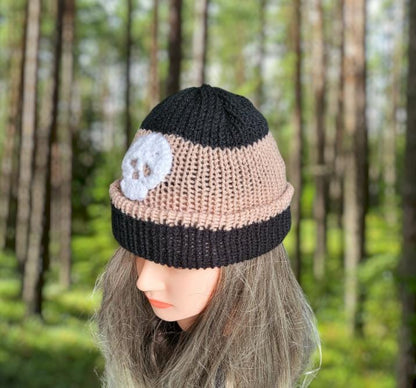Black Beige Stripe Knitted Hat With White Crochet Skull Punk Emo Goth Winter Gift HT20 - Oh My Gothness