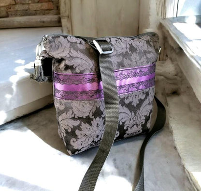 Black Damask & Lace Shoulder Bag With Purple Band OOAK Crossbody Jacquard Fully Lined Zip Up Holiday Goth FunkyTravel Gift BG39 - Oh My Gothness