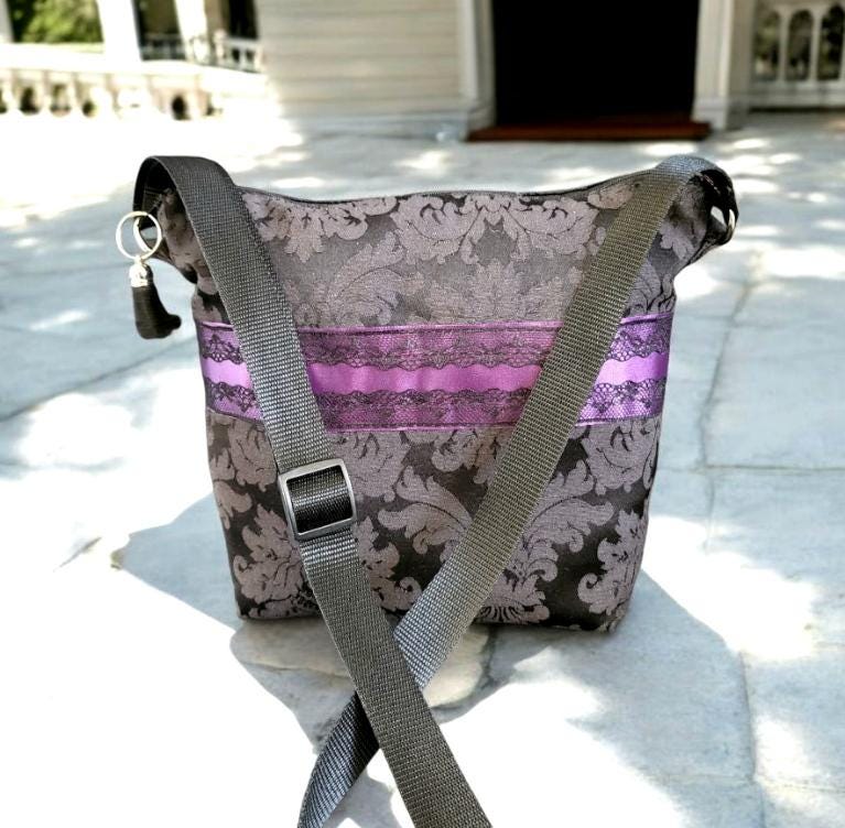 Black Damask & Lace Shoulder Bag With Purple Band OOAK Crossbody Jacquard Fully Lined Zip Up Holiday Goth FunkyTravel Gift BG39 - Oh My Gothness