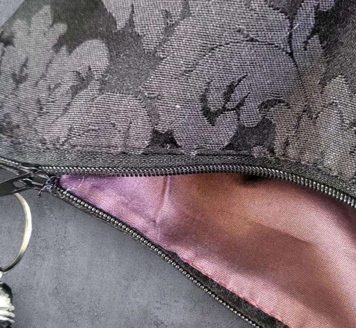 Black Damask & Lace Shoulder Bag With Purple Band OOAK Crossbody Jacquard Fully Lined Zip Up Holiday Goth FunkyTravel Gift BG39 - Oh My Gothness