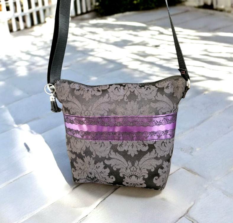 Black Damask & Lace Shoulder Bag With Purple Band OOAK Crossbody Jacquard Fully Lined Zip Up Holiday Goth FunkyTravel Gift BG39 - Oh My Gothness
