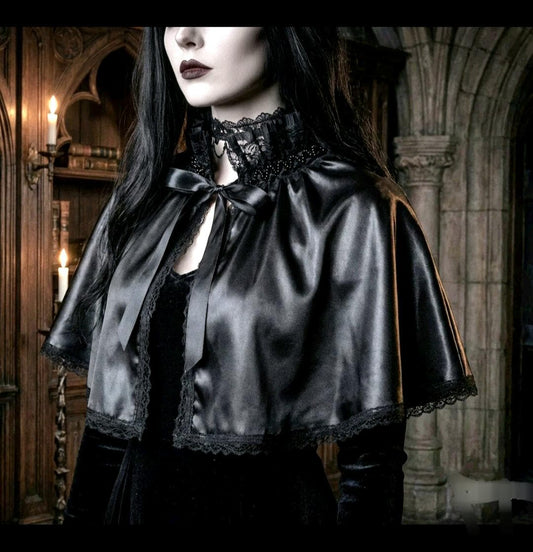 Black Faux Leather &Lace Cape - Victorian Steampunk Gothic Costume - Oh My Gothness