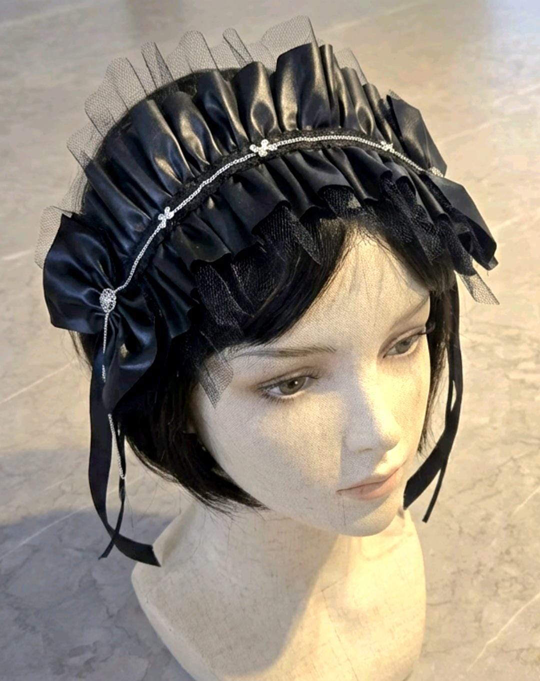Black Faux Leather Lace & Chain Headpiece Headband - Gothic Victorian Lolita - Oh My Gothness