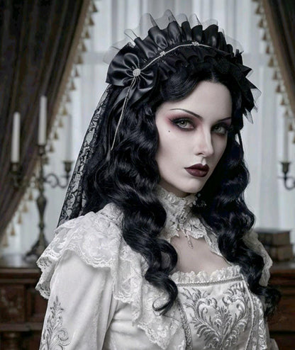 Black Faux Leather Lace & Chain Headpiece Headband - Gothic Victorian Lolita - Oh My Gothness