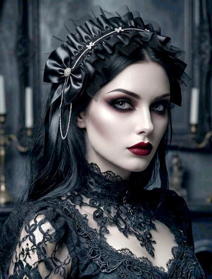 Black Faux Leather Lace & Chain Headpiece Headband - Gothic Victorian Lolita - Oh My Gothness