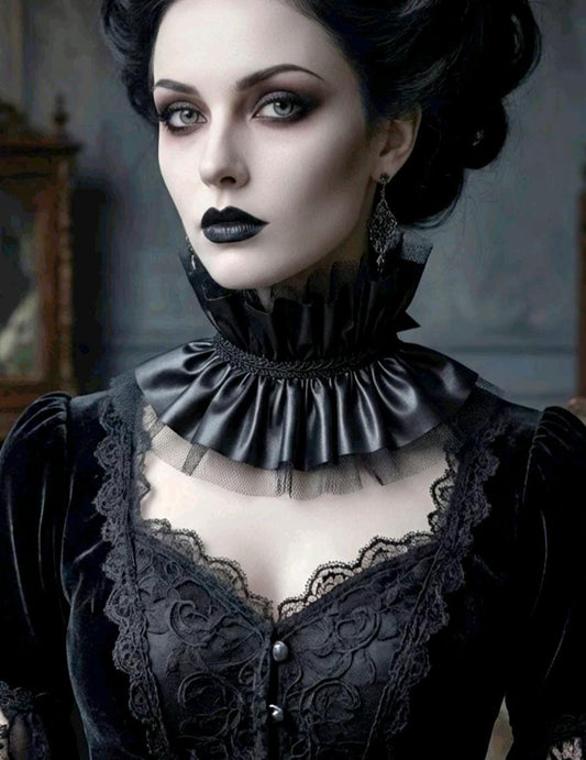 Black Faux Leather & Lace Choker Neck Ruff Collar - Steampunk Gothic Costume - Oh My Gothness