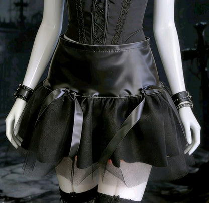 Black Faux Leather & Net Lolita Tutu Skirt - Punk Gothic Emo Kawaii Size 6 - 10 (UK) - Oh My Gothness