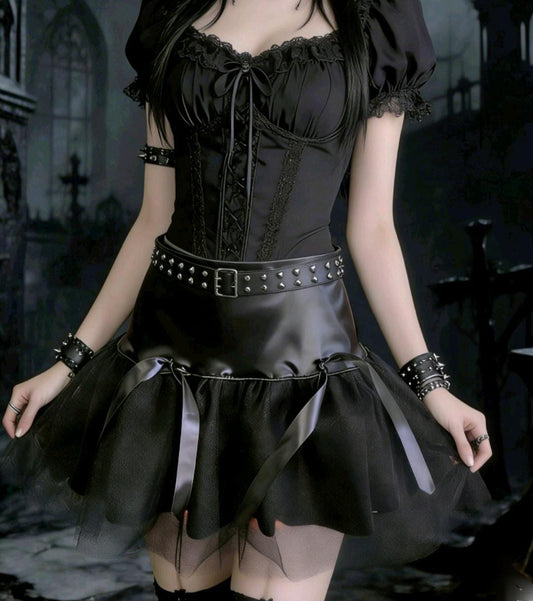 Black Faux Leather & Net Lolita Tutu Skirt - Punk Gothic Emo Kawaii Size 6 - 10 (UK) - Oh My Gothness