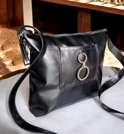 Black Faux Leather Shoulder Bag OOAK Crossbody Fully Lined Zip Up Chain Ring Detail Holiday Goth FunkyTravel College Gift BG28 - Oh My Gothness