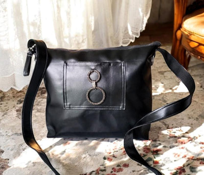 Black Faux Leather Shoulder Bag OOAK Crossbody Fully Lined Zip Up Chain Ring Detail Holiday Goth FunkyTravel College Gift BG28 - Oh My Gothness