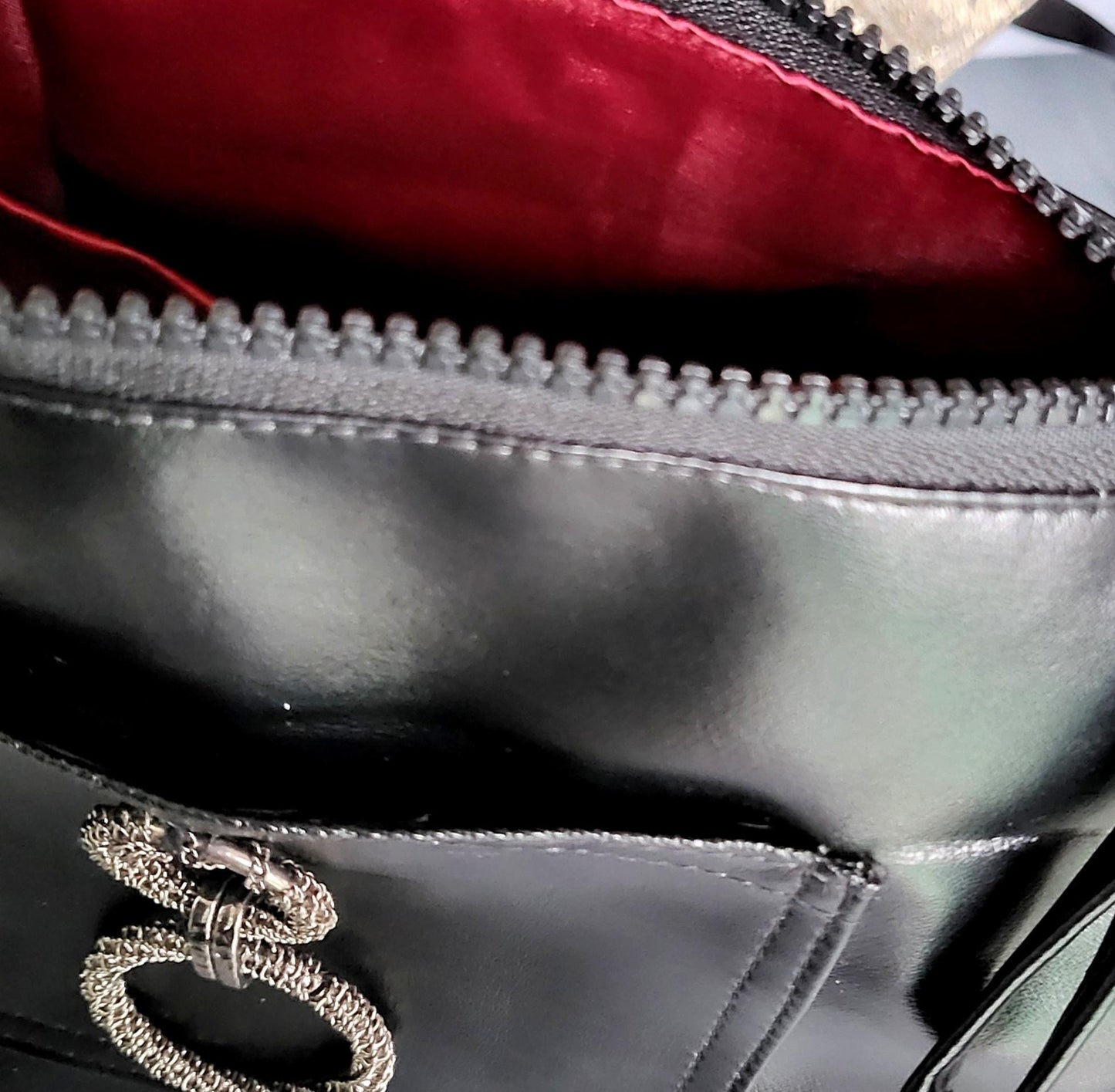 Black Faux Leather Shoulder Bag OOAK Crossbody Fully Lined Zip Up Chain Ring Detail Holiday Goth FunkyTravel College Gift BG28 - Oh My Gothness