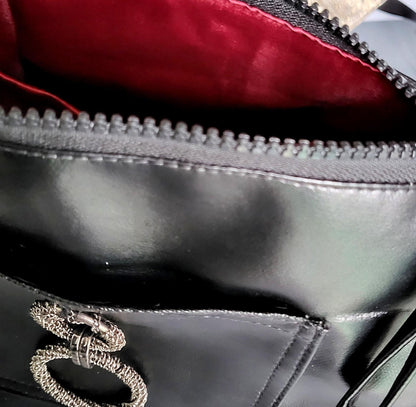 Black Faux Leather Shoulder Bag OOAK Crossbody Fully Lined Zip Up Chain Ring Detail Holiday Goth FunkyTravel College Gift BG28 - Oh My Gothness