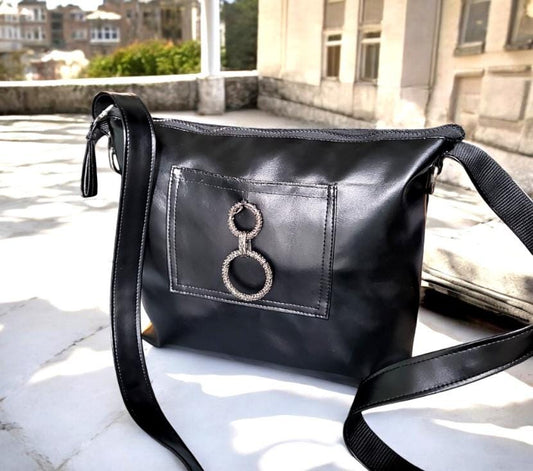 Black Faux Leather Shoulder Bag OOAK Crossbody Fully Lined Zip Up Chain Ring Detail Holiday Goth FunkyTravel College Gift BG28 - Oh My Gothness