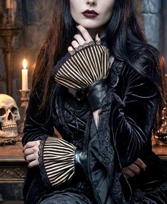 Black Faux Leather & Stripes Wrist Cuffs, Gothic Steampunk Punk Fingerless Gloves - Oh My Gothness