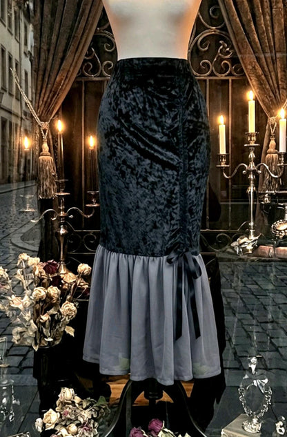 Black Fishtail Velvet Long Skirt -Grey Chiffon Gothic Witch Mermaid Size 12 - 16 (UK) - Oh My Gothness