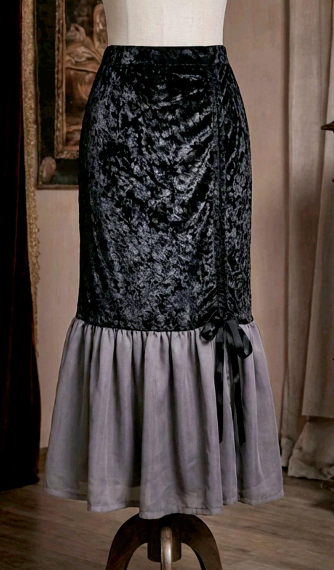 Black Fishtail Velvet Long Skirt -Grey Chiffon Gothic Witch Mermaid Size 12 - 16 (UK) - Oh My Gothness