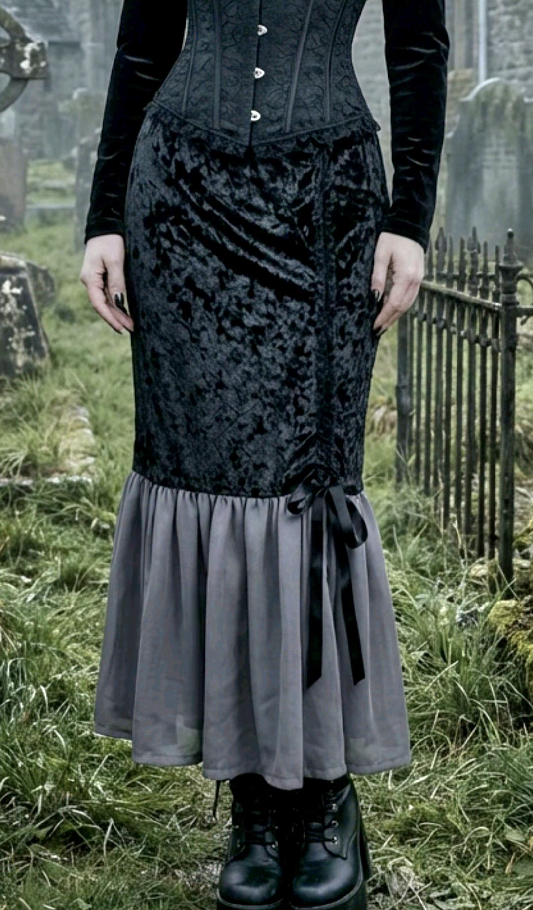Black Fishtail Velvet Long Skirt -Grey Chiffon Gothic Witch Mermaid Size 12 - 16 (UK) - Oh My Gothness