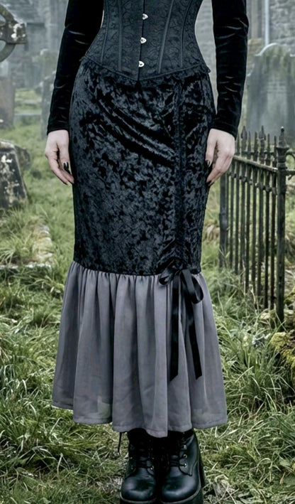 Black Fishtail Velvet Long Skirt -Grey Chiffon Gothic Witch Mermaid Size 12 - 16 (UK) - Oh My Gothness