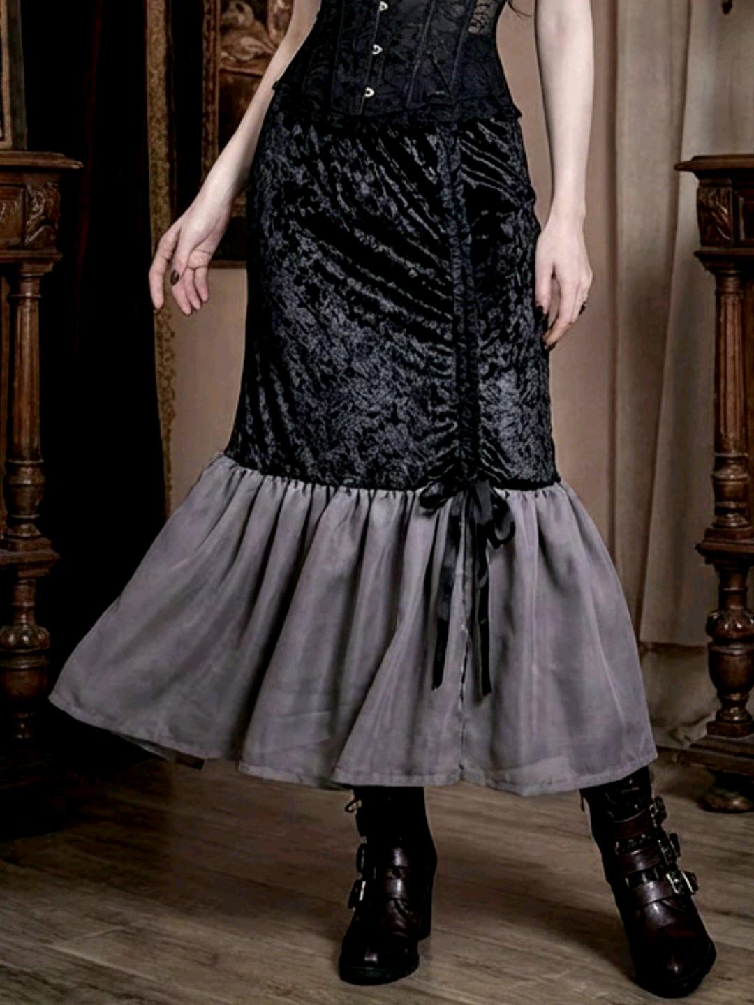 Black Fishtail Velvet Long Skirt -Grey Chiffon Gothic Witch Mermaid Size 12 - 16 (UK) - Oh My Gothness