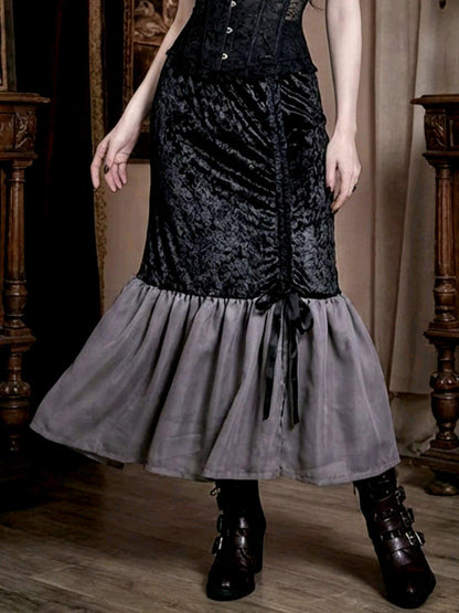 Black Fishtail Velvet Long Skirt -Grey Chiffon Gothic Witch Mermaid Size 12 - 16 (UK) - Oh My Gothness