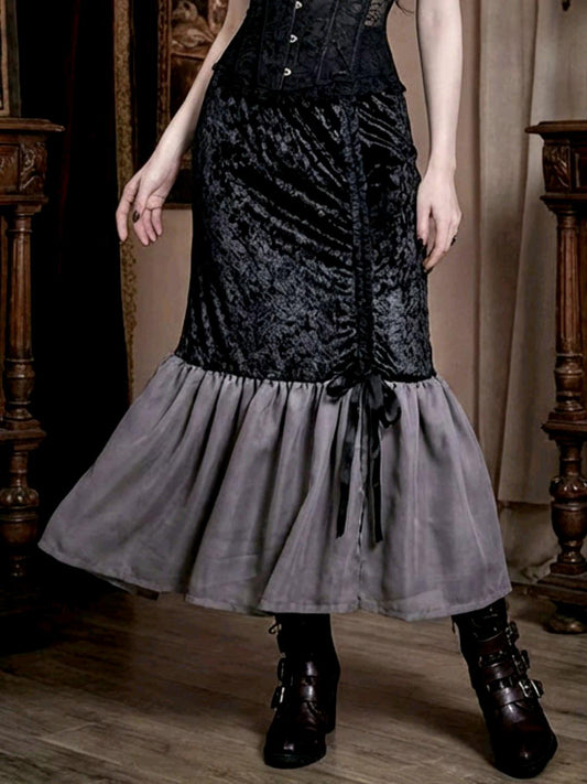 Black Fishtail Velvet Long Skirt -Grey Chiffon Gothic Witch Mermaid Size 12 - 16 (UK) - Oh My Gothness