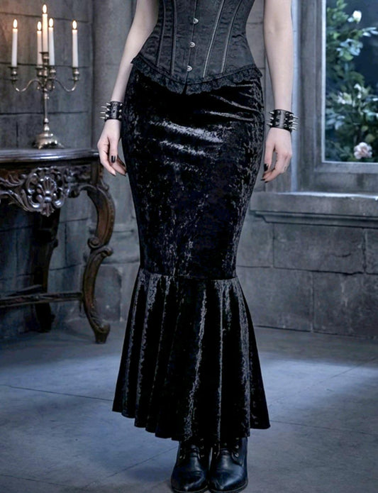 Black Fishtail Velvet Skirt - Gothic Witch Mermaid Size 6 - 10 (UK) - Oh My Gothness