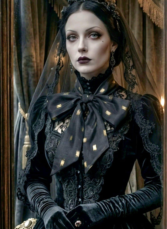 Black Gold Chiffon Cravat Pussy Bow Tie - Steampunk, Victorian Costume, Gothic - Oh My Gothness