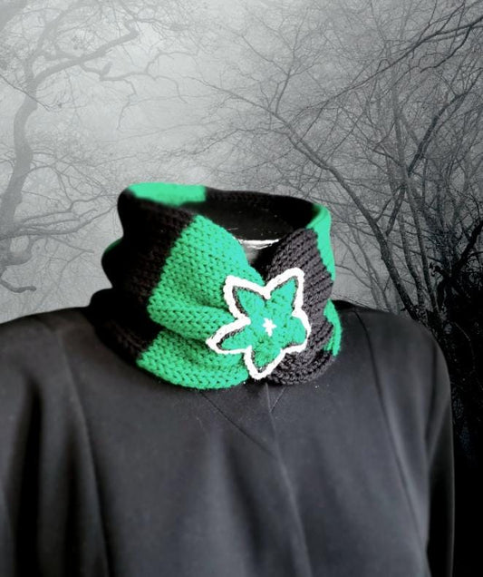 Black Green Stripes Knitted Snood Neck Warmer With Crochet Star Punk Emo Goth Winter Gift Cosy Cowl Free Size Steampunk SC5 - Oh My Gothness