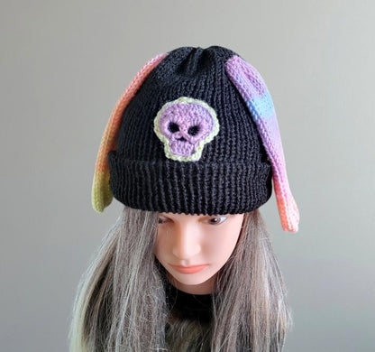 Black Knitted Hat With Rainbow Bunny Ears & Crochet Skull Punk Emo Goth Halloween Spooky Winter Gift Rabbit Ears HT31 - Oh My Gothness