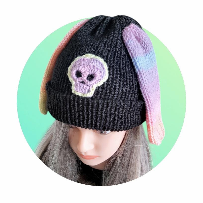Black Knitted Hat With Rainbow Bunny Ears & Crochet Skull Punk Emo Goth Halloween Spooky Winter Gift Rabbit Ears HT31 - Oh My Gothness