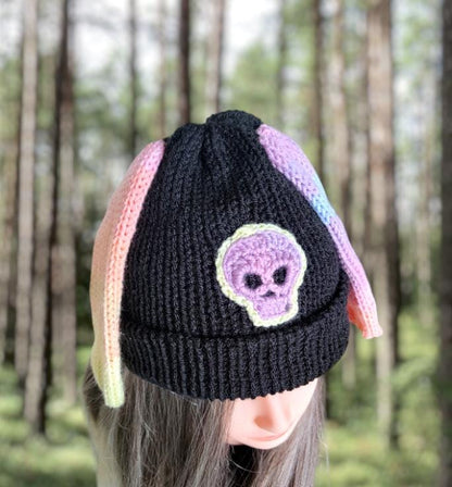 Black Knitted Hat With Rainbow Bunny Ears & Crochet Skull Punk Emo Goth Halloween Spooky Winter Gift Rabbit Ears HT31 - Oh My Gothness