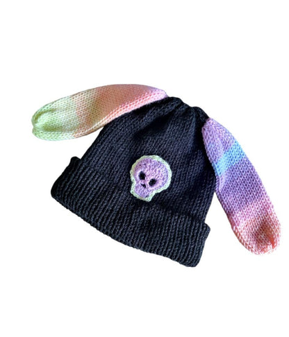 Black Knitted Hat With Rainbow Bunny Ears & Crochet Skull Punk Emo Goth Halloween Spooky Winter Gift Rabbit Ears HT31 - Oh My Gothness