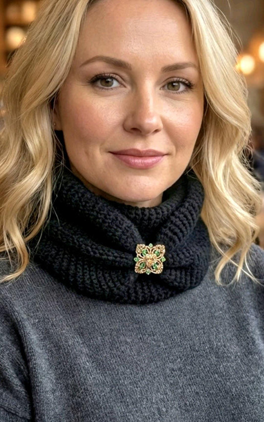 Black Knitted Snood: Detachable Green Stone Brooch, Goth Cowl - Oh My Gothness