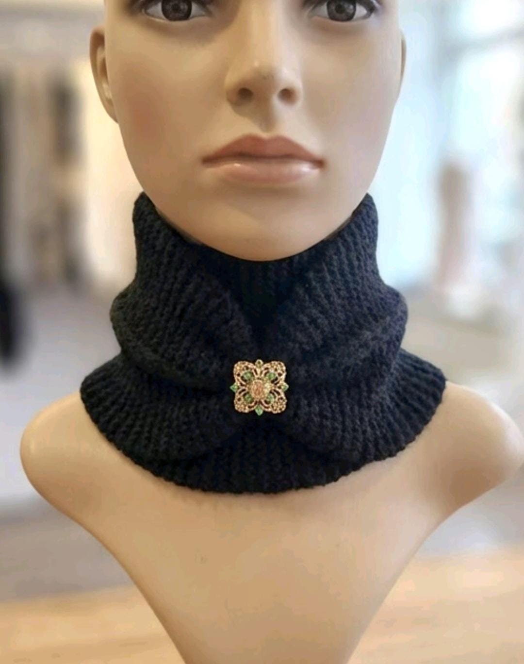 Black Knitted Snood: Detachable Green Stone Brooch, Goth Cowl - Oh My Gothness