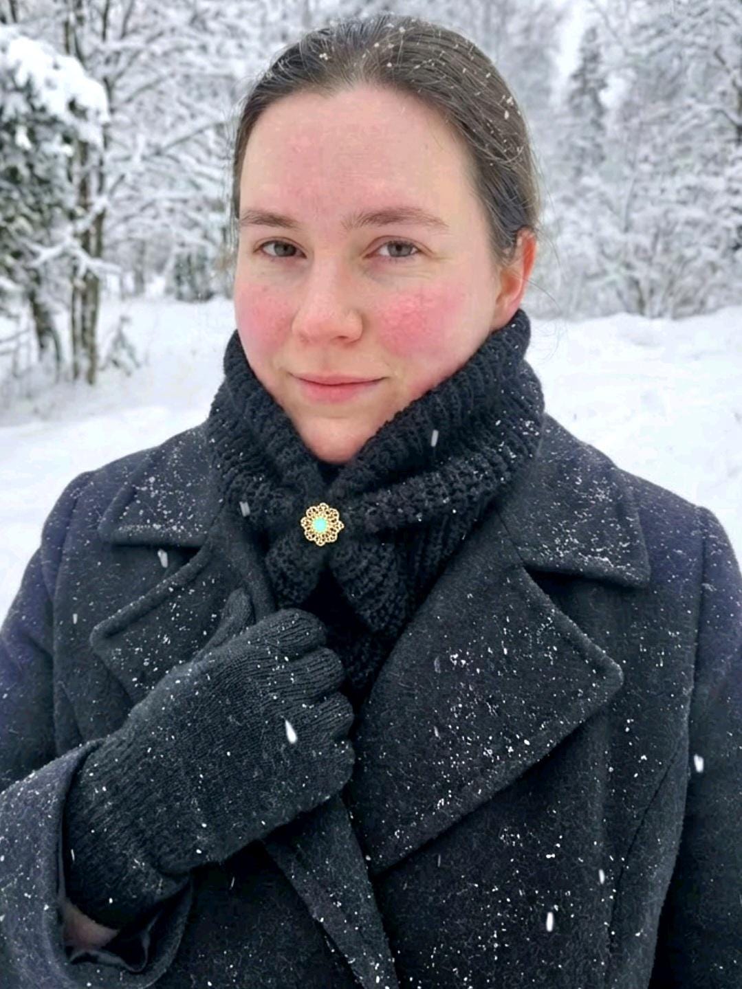 Black Knitted Snood: Detachable Green Stone Brooch, Goth Cowl - Oh My Gothness