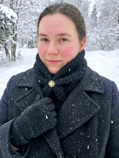 Black Knitted Snood: Detachable Green Stone Brooch, Goth Cowl - Oh My Gothness