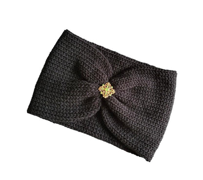 Black Knitted Snood Neck Warmer With Detachable Green Stone Brooch Punk Emo Goth Autumn Winter Gift Cosy Cowl Free Size Steampunk SC8 - Oh My Gothness