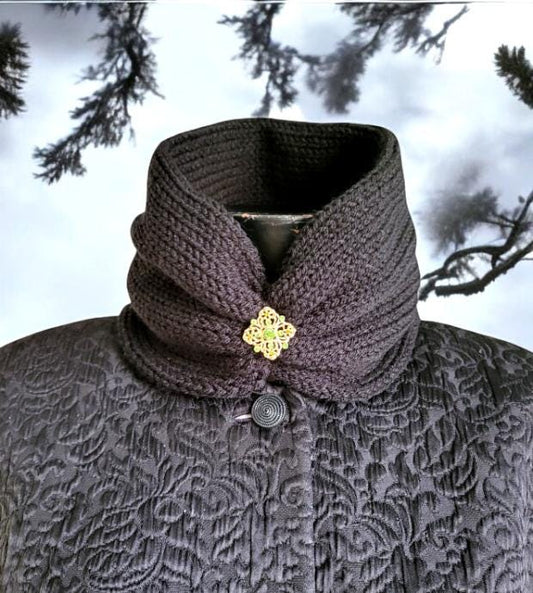Black Knitted Snood Neck Warmer With Detachable Green Stone Brooch Punk Emo Goth Autumn Winter Gift Cosy Cowl Free Size Steampunk SC8 - Oh My Gothness
