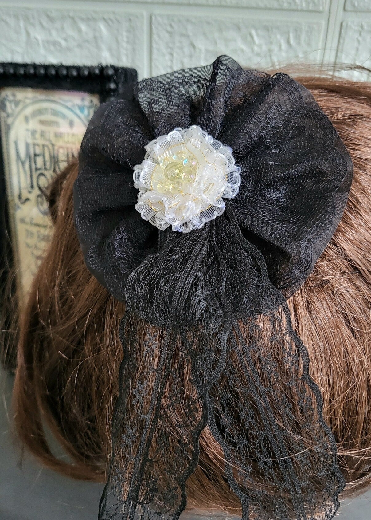 Black Lace Cream Rose & Net Big Hair Rosette Gothic Party Funky Whitby Prom Fascinator Theatre Victorian Wedding Crocodile Clip Handmade H7 - Oh My Gothness
